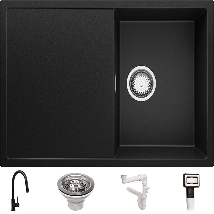 Evier Cuisine en Granit Noir, 78 x 50 cm, Lavabo 1 bac + Robinet 9700 + Kit de Vidage, Évier à Encastrer Ibiza 780 de Primagran 0