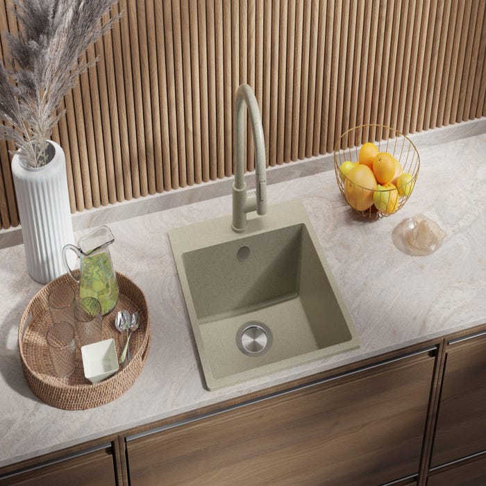 Evier Cuisine en Granit Beige, 43 x 50 cm, Lavabo 1 bac + Kit de Vidage, Évier à Encastrer de Primagran 1