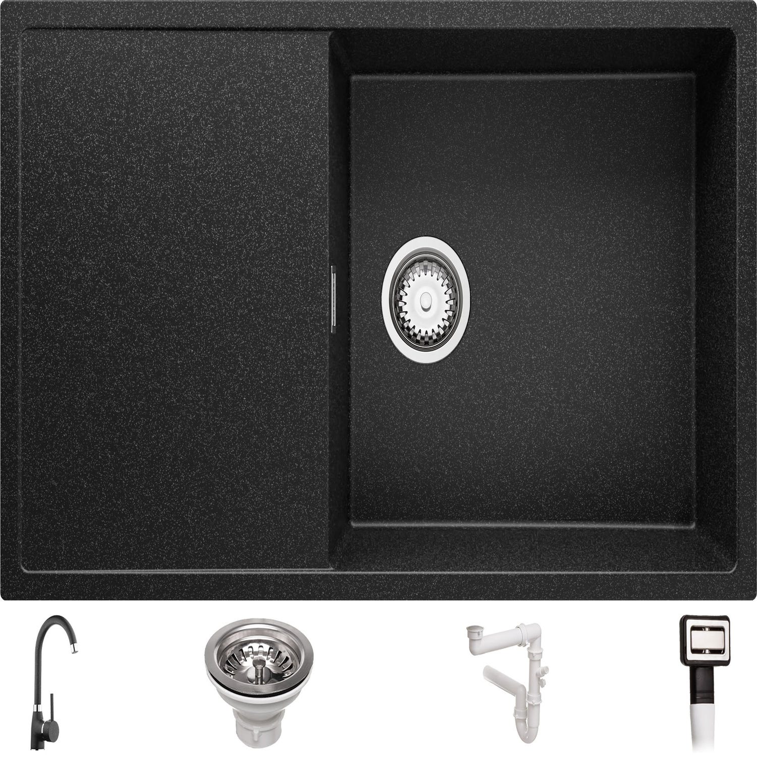 Evier Cuisine en Granit Graphite, 90 x 50 cm, Lavabo 1 bac XL + Robinet 5000 + Kit de Vidage, Évier à Encastrer de Primagran 5