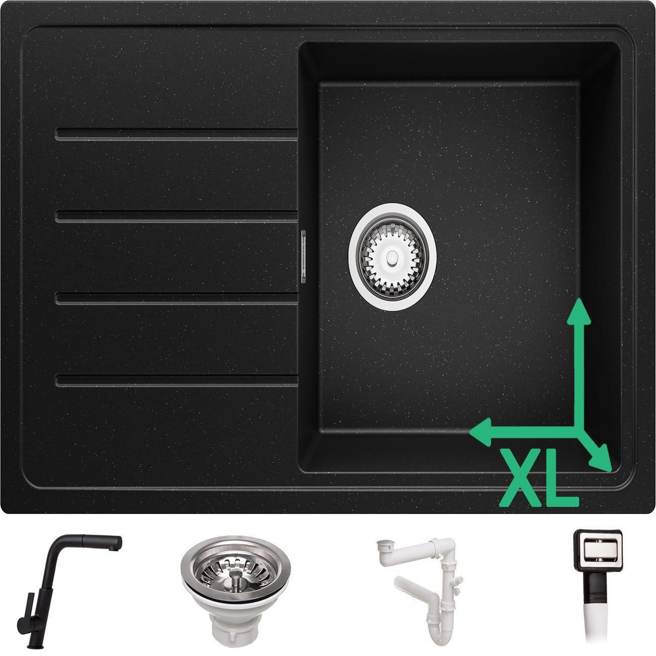 Evier Cuisine en Granit Noir Metallic, 78 x 50 cm, Lavabo 1 bac + Robinet 3700 + Kit de Vidage, Évier à Encastrer de Primagran 0