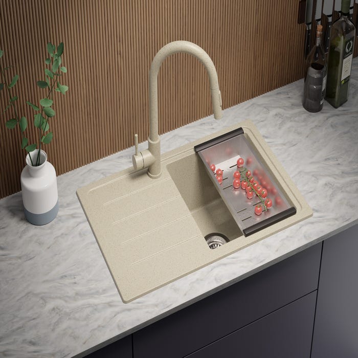 Evier Cuisine en Granit Beige, 70 x 44 cm, Lavabo 1 bac + Kit de Vidage, Évier à Encastrer de Primagran 2