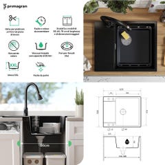 Evier Cuisine en Granit Noir, 62 x 50 cm, Lavabo 1 bac + Robinet 9700 + Kit de Vidage, Évier à Encastrer de Primagran 8