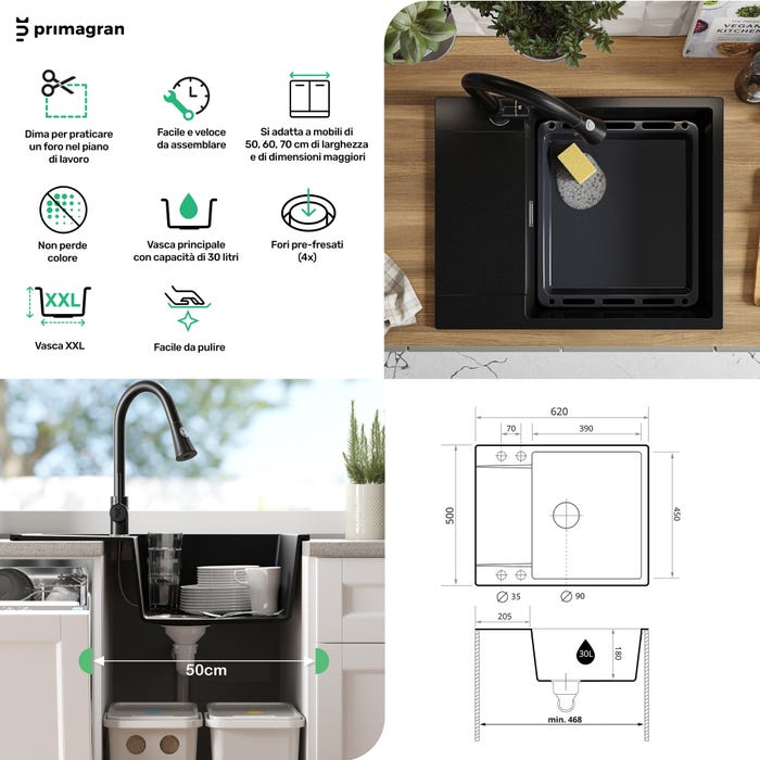 Evier Cuisine en Granit Noir, 62 x 50 cm, Lavabo 1 bac + Robinet 3700 + Kit de Vidage, Évier à Encastrer de Primagran 8