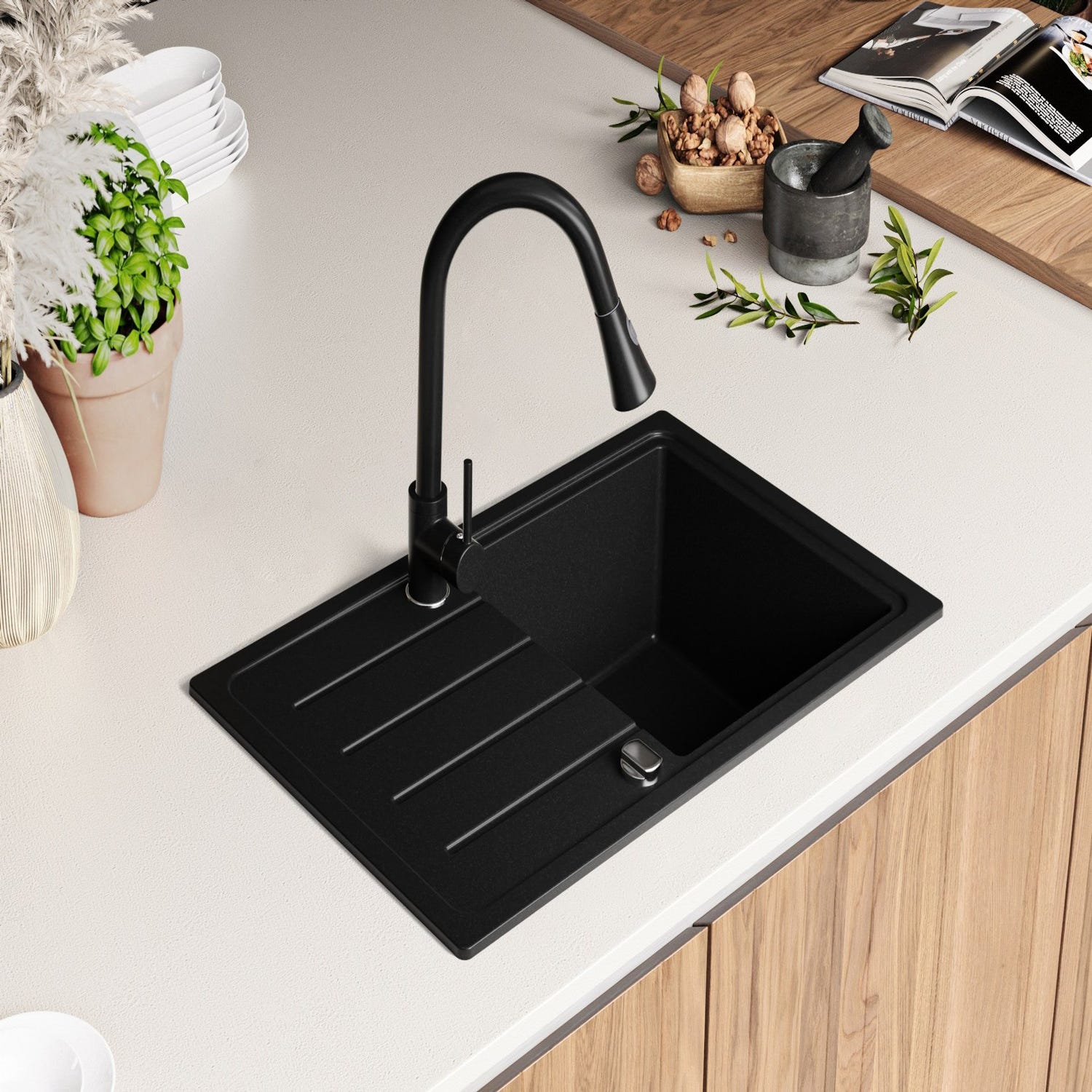 Evier Cuisine en Granit Noir, 70 x 44 cm, Lavabo 1 bac + Robinet 9700 + Kit de Vidage, Évier à Encastrer de Primagran 3