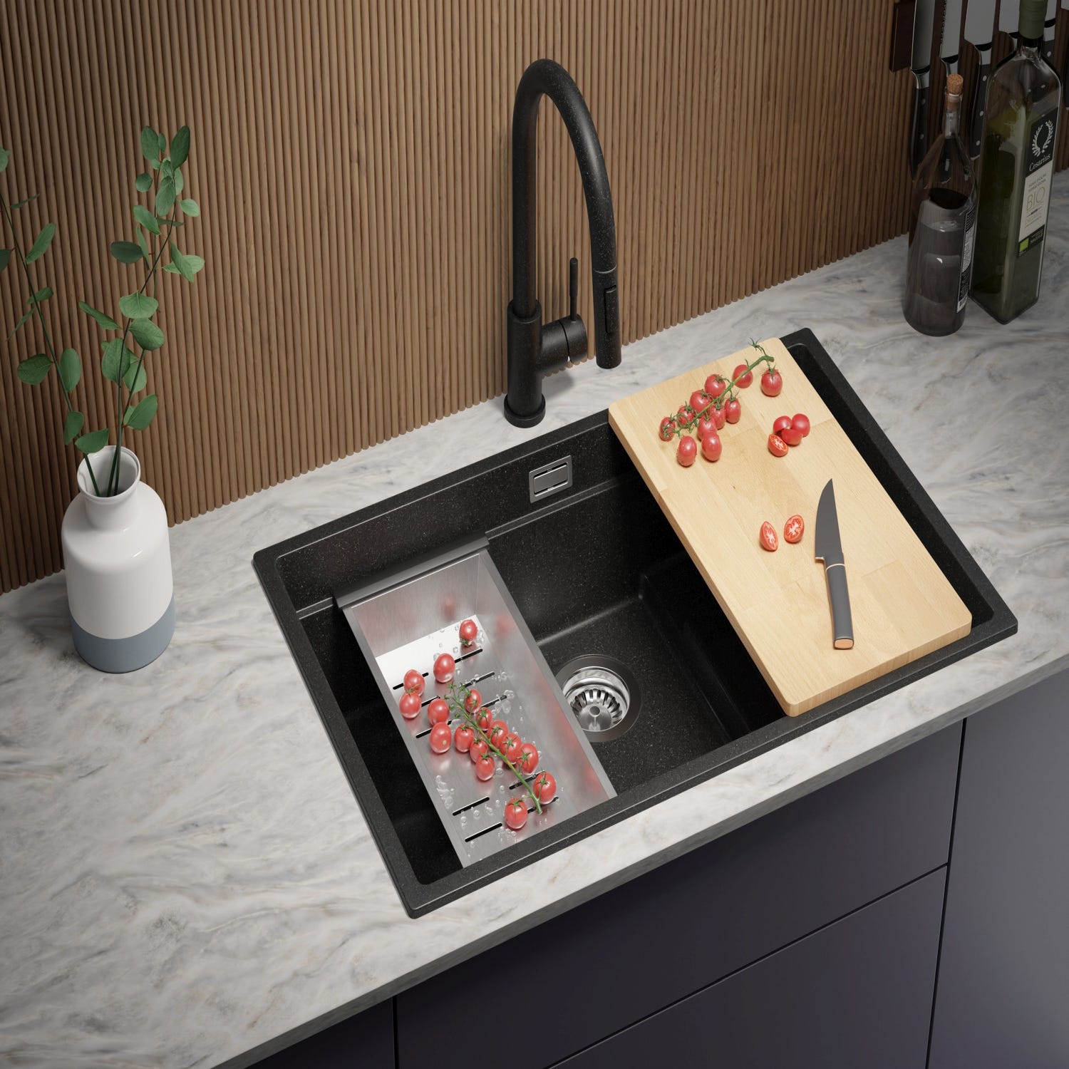 Évier Cusine en Granit Graphite 76x47 cm, Lavabo Cuisine 1 Bac + Kit de Vidage + Robinet, Évier au meuble 80cm, Évier à Encastrer de Primagran 3