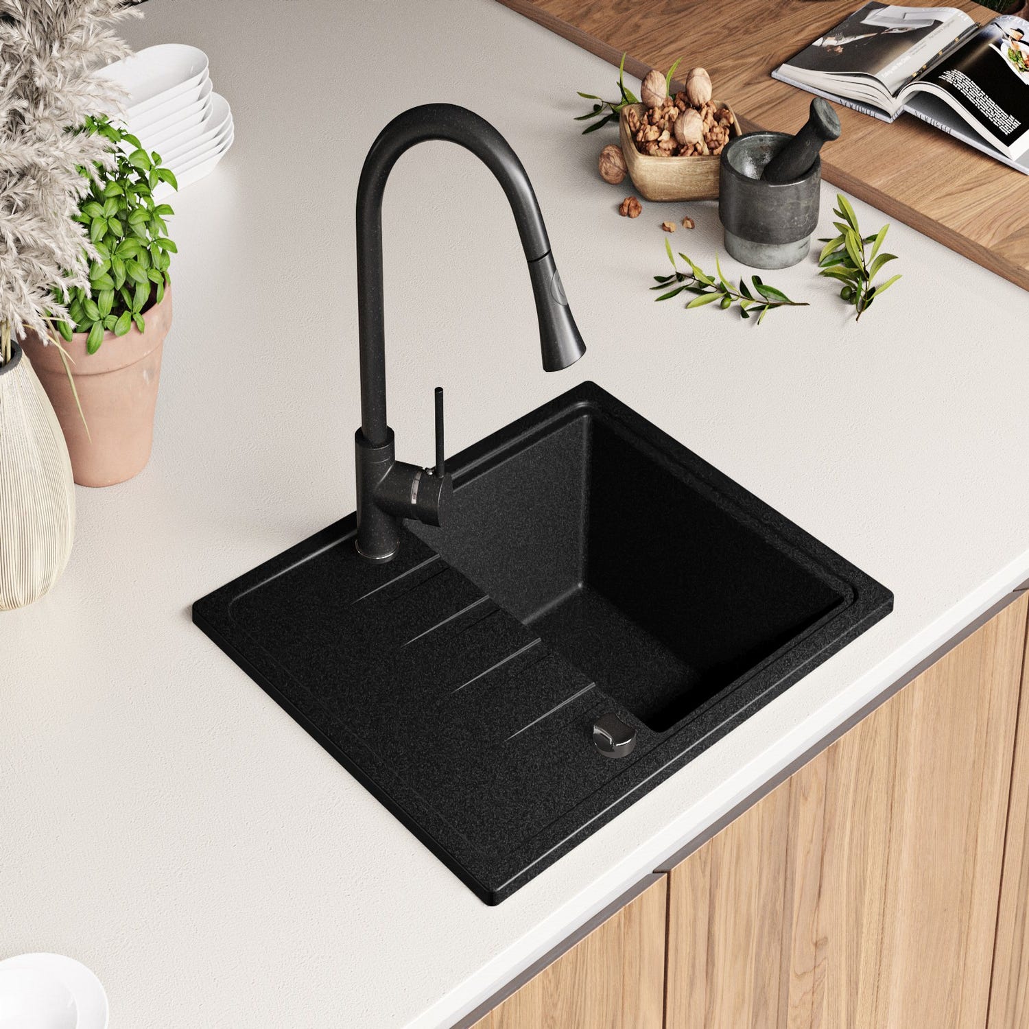 Evier Cuisine en Granit Graphite, 62 x 50 cm, Lavabo 1 bac + Kit de Vidage, Évier à Encastrer Milan 620 de Primagran 7