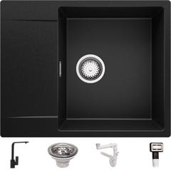 Evier Cuisine en Granit Noir, 62 x 50 cm, Lavabo 1 bac + Robinet 3700 + Kit de Vidage, Évier à Encastrer de Primagran 0