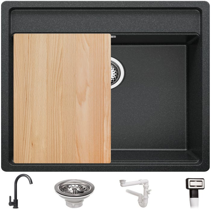 Evier Cuisine en Granit Graphite 56x53cm, Lavabo 1 bac + Kit de Vidage + Robinet + planche à découper, Évier à Encastrer au meuble 60cm de Primagran 0