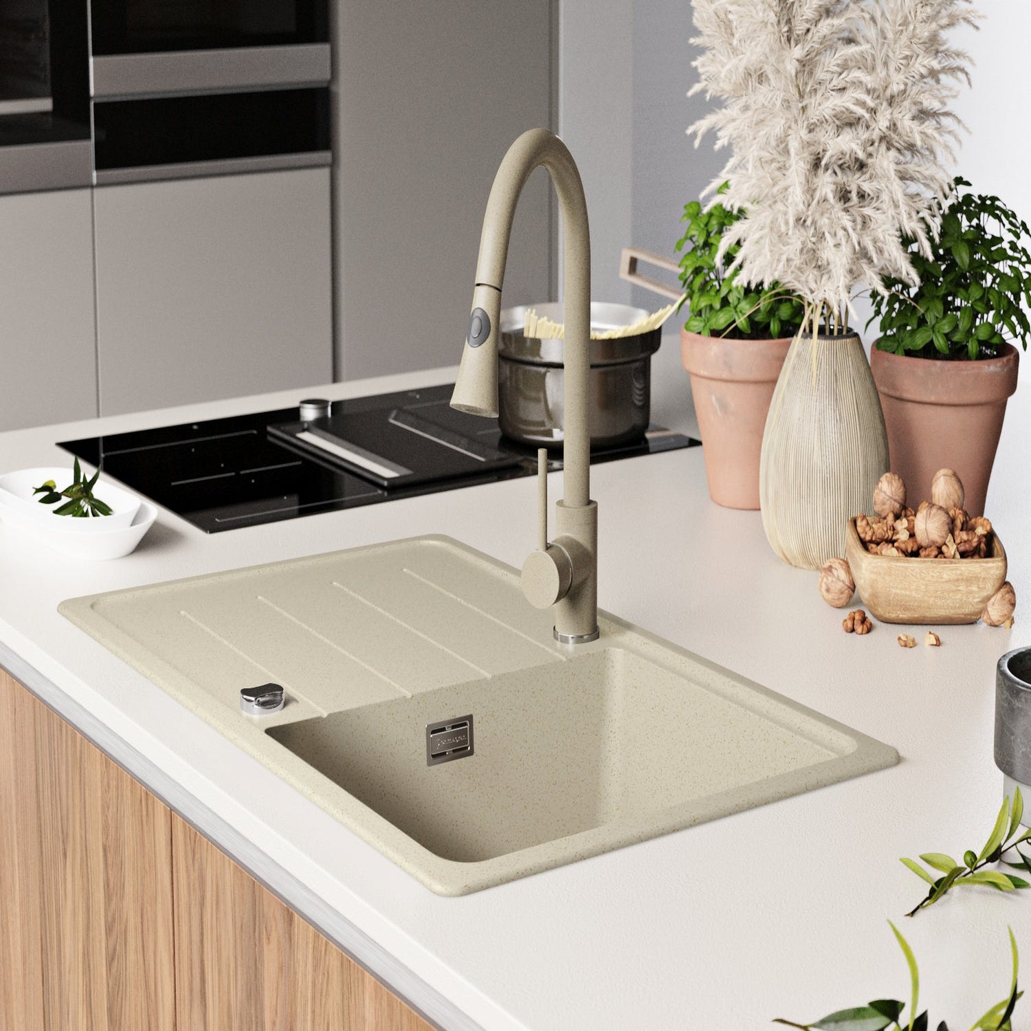 Evier Cuisine en Granit Beige, 78 x 50 cm, Lavabo 1 bac + Kit de Vidage, Évier à Encastrer Copenhague 780 de Primagran 3