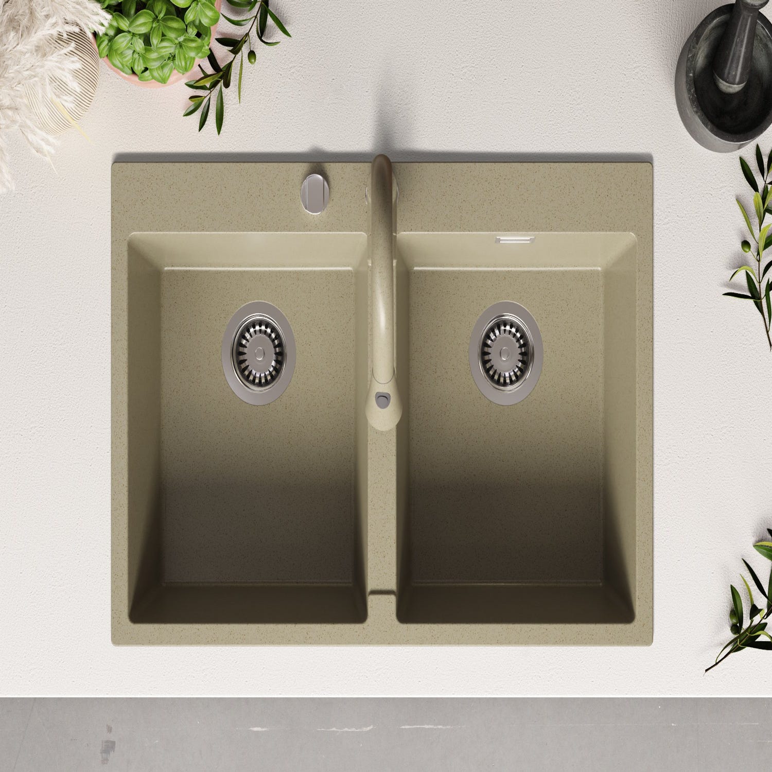 Evier Cuisine en Granit Beige 78x50cm, Lavabo 2 bacs + Kit de Vidage, Évier à Encastrerau meuble 80cm - Oslo Twin de Primagran 3