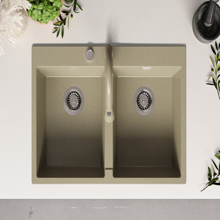 Evier Cuisine en Granit Beige 78x50cm, Lavabo 2 bacs + Kit de Vidage, Évier à Encastrerau meuble 80cm - Oslo Twin de Primagran 3