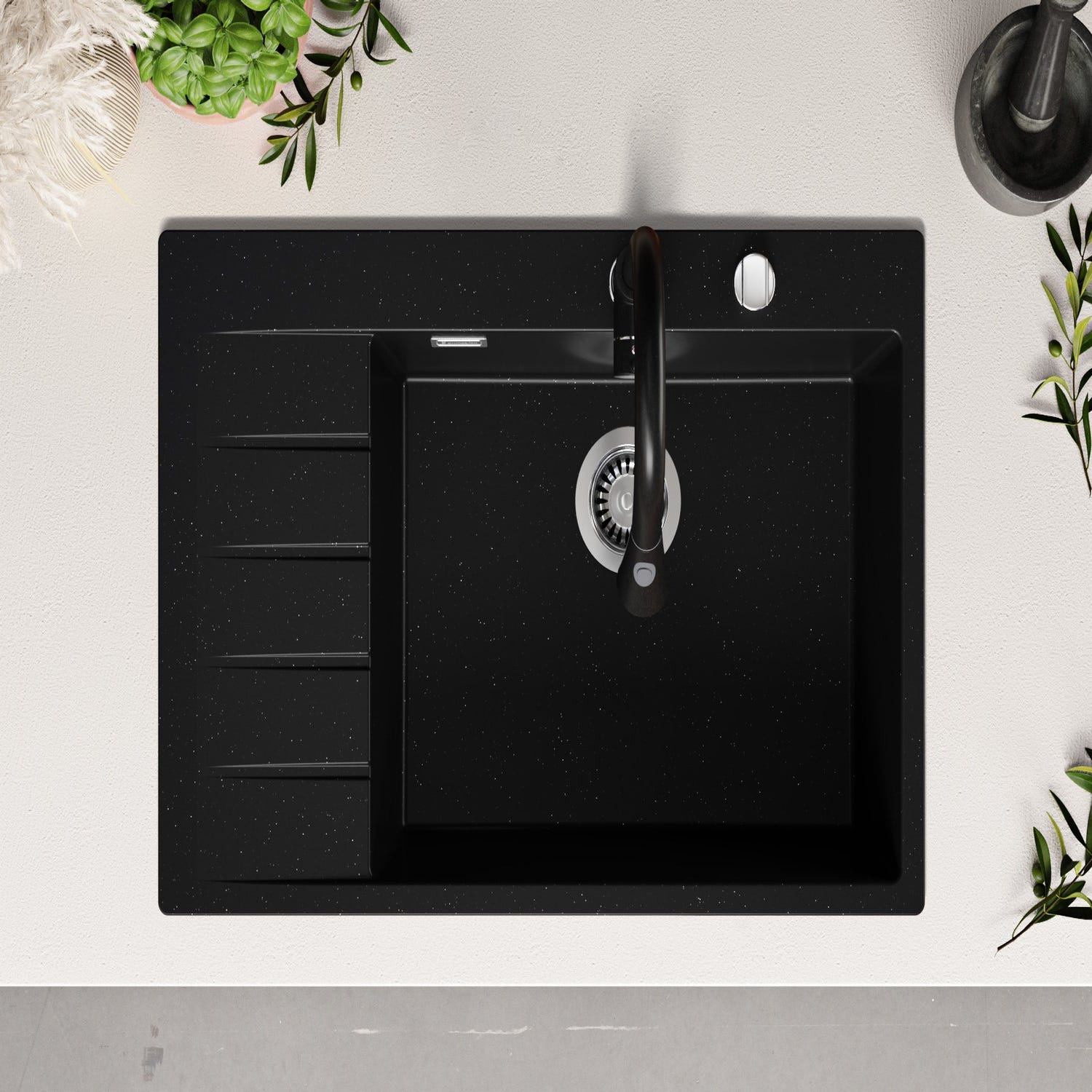 Evier Cuisine en Granit Noir Metallic, 78 x 50 cm, Lavabo 1 bac + Robinet 9700 + Kit de Vidage, Évier à Encastrer de Primagran 3