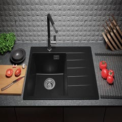 Évier Cusine en Granit Noir 62x50 cm, Lavabo Cuisine 1 Bac + Kit de Vidage + Robinet, Évier au meuble 40cm, Évier à Encastrer de Primagran 3