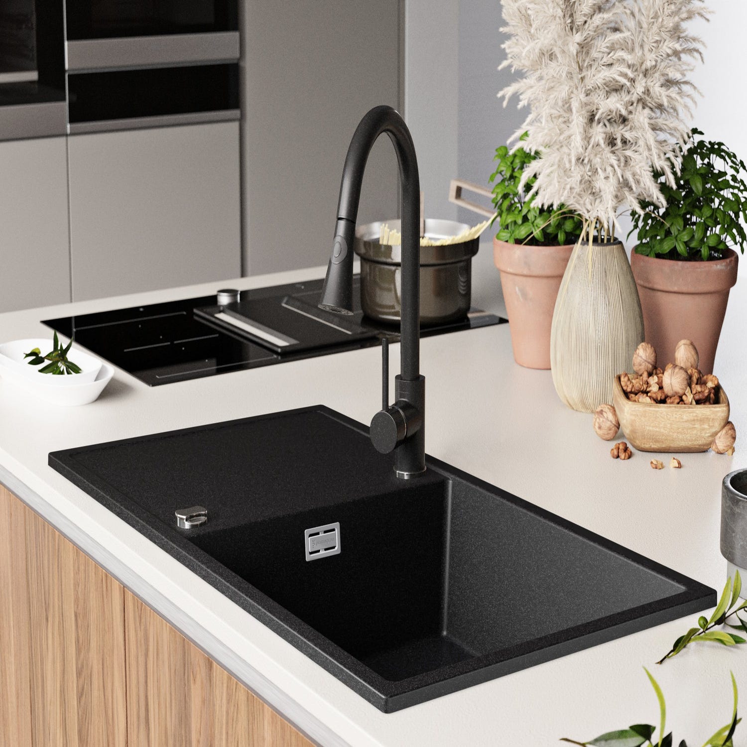 Evier Cuisine en Granit Graphite, 90 x 50 cm, Lavabo 1 bac XL + Robinet 5000 + Kit de Vidage, Évier à Encastrer de Primagran 2