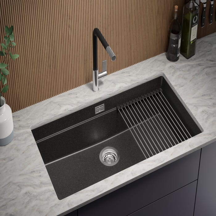 Evier Sous Plan Graphite, 86 x 47 cm, Evier en Granit 1 bac + Kit de Vidage, Lavabo Cuisine de Primagran 1