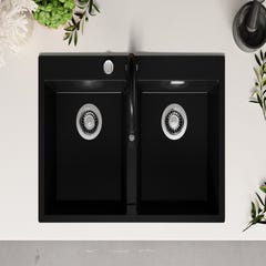 Evier Cuisine en Granit Noir 78x50cm, Lavabo 2 bacs + Kit de Vidage + Robinet, Évier à Encastrerau meuble 80cm - Oslo Twin de Primagran 3