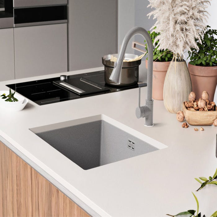 Evier Sous Plan Gris, 56 x 47 cm, Evier en Granit 1 bac + Kit de Vidage, Lavabo Cuisine de Primagran 8