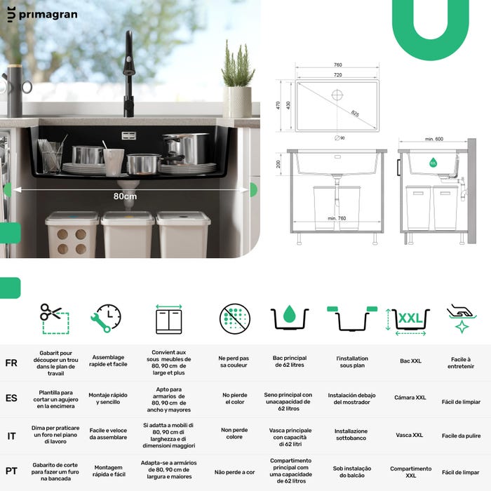 Evier Sous Plan Blanc, 76 x 47 cm, Evier en Granit 1 bac + Kit de Vidage, Lavabo Cuisine de Primagran 5