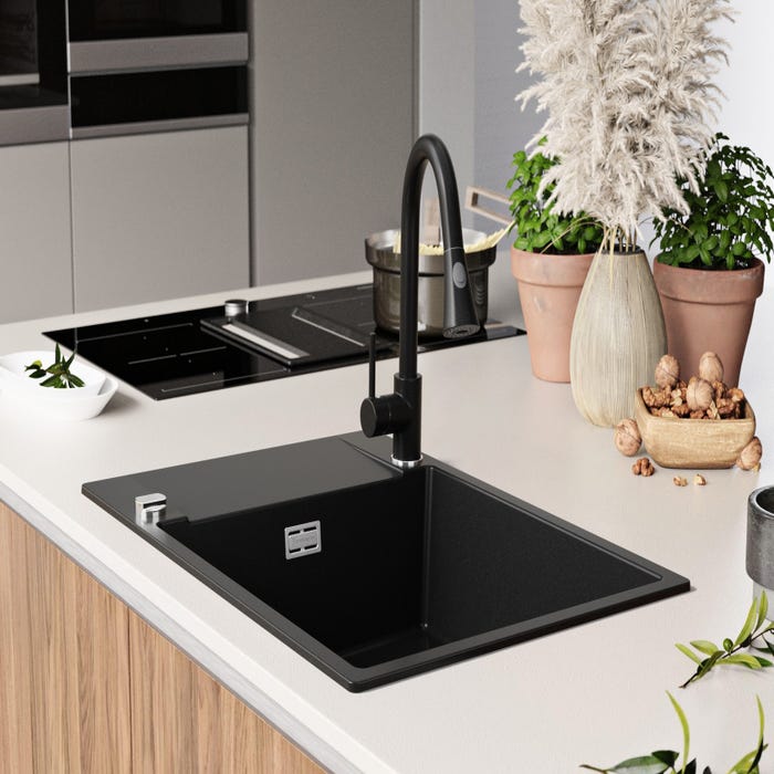 Evier Cuisine en Granit Noir, 70 x 50 cm, Lavabo 1 bac + Kit de Vidage, Évier à Encastrer de Primagran 2