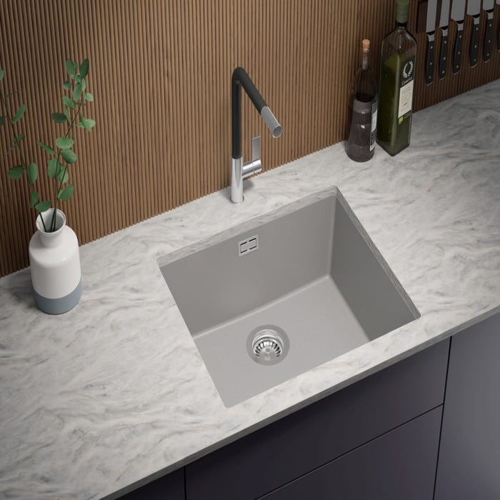 Evier Sous Plan Gris, 56 x 47 cm, Evier en Granit 1 bac + Kit de Vidage, Lavabo Cuisine de Primagran 0