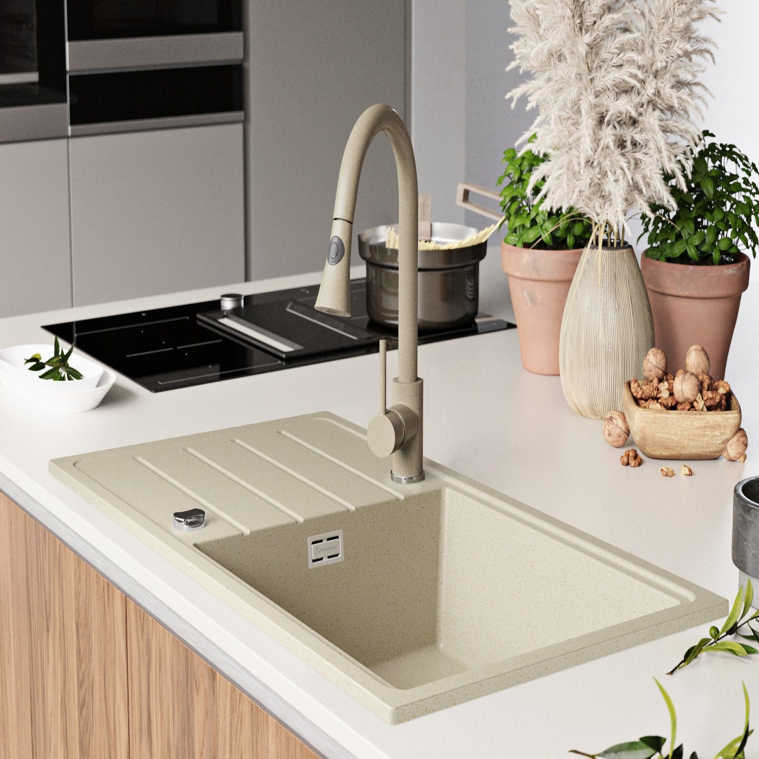 Evier Cuisine en Granit Beige, 90 x 50 cm, Lavabo 1 bac + Kit de Vidage, Évier à Encastrer de Primagran 3