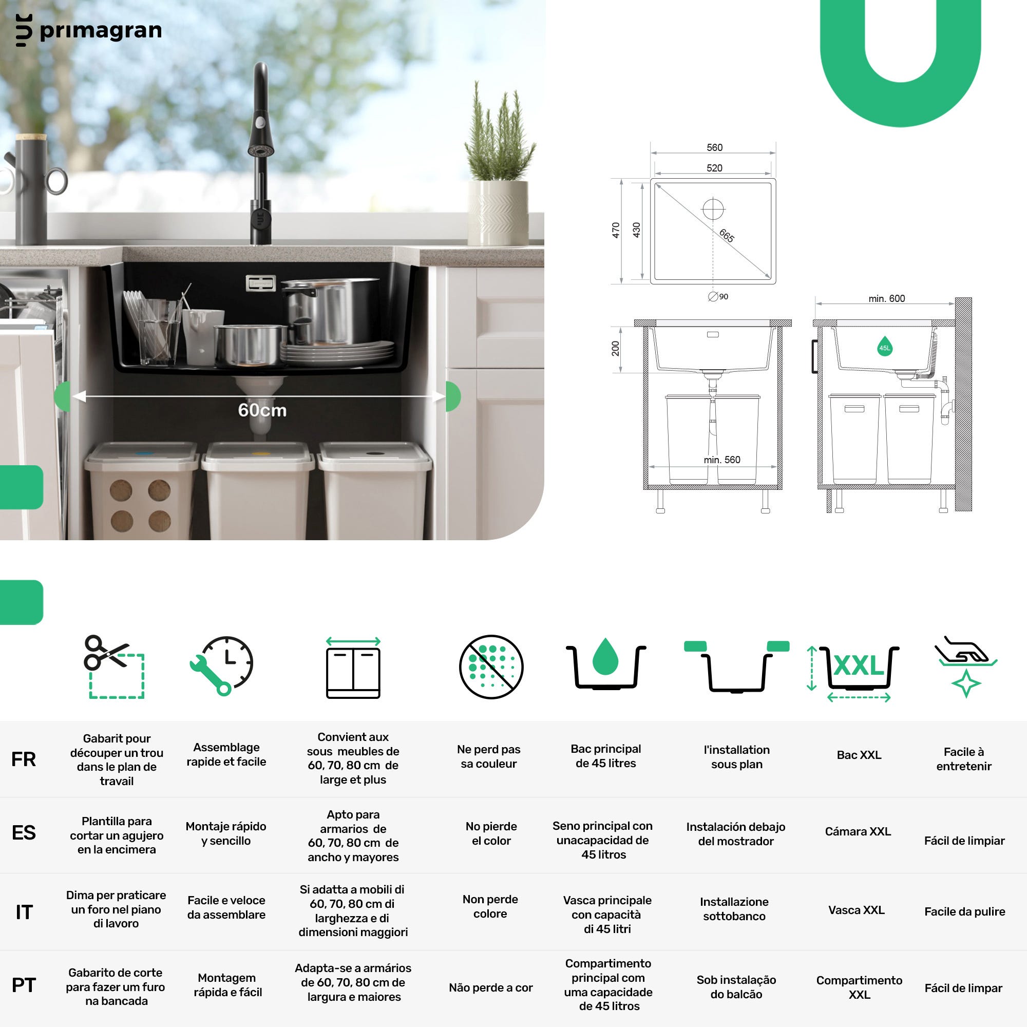 Evier Sous Plan Gris, 56 x 47 cm, Evier en Granit 1 bac + Kit de Vidage, Lavabo Cuisine de Primagran 5