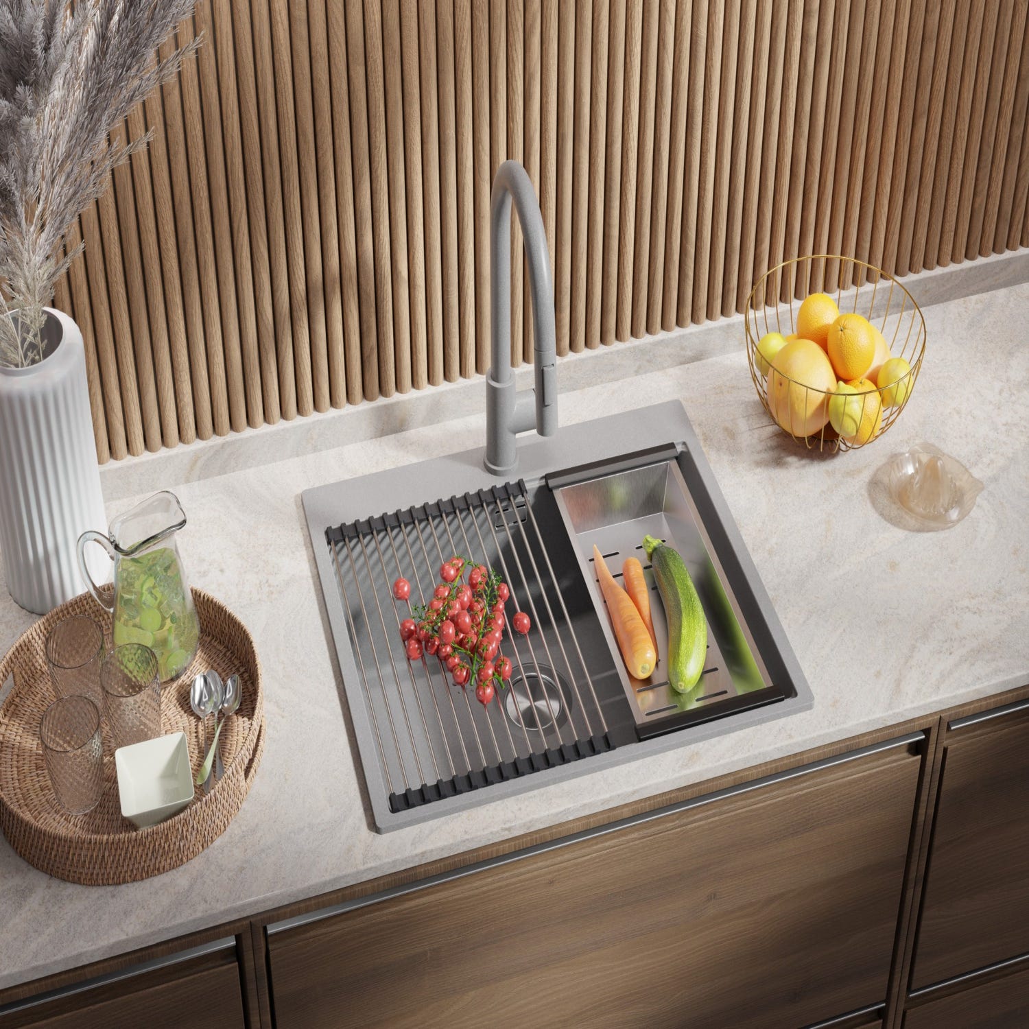 Evier Cuisine en Granit Gris, 58 x 50 cm, Lavabo 1 bac + Kit de Vidage, Évier à Encastrer Oslo 60 Top de Primagran 0