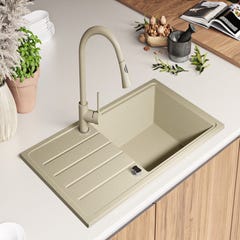 Evier Cuisine en Granit Beige, 90 x 50 cm, Lavabo 1 bac + Kit de Vidage, Évier à Encastrer de Primagran 2