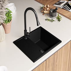 Evier Cuisine en Granit Noir, 62 x 50 cm, Lavabo 1 bac + Robinet 5700 + Kit de Vidage, Évier à Encastrer Ibiza 620 de Primagran 1