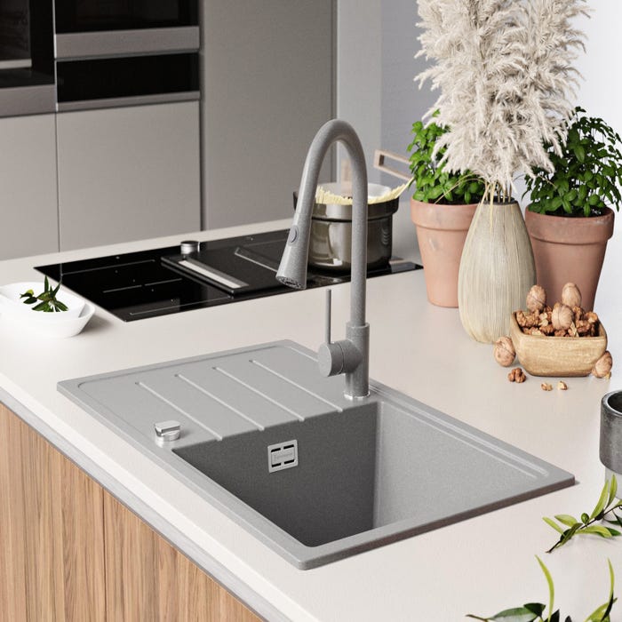 Evier Cuisine en Granit Gris, 78 x 50 cm, Lavabo 1 bac + Kit de Vidage, Évier à Encastrer de Primagran 3