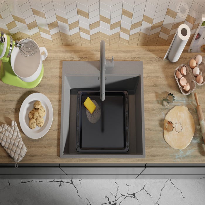 Evier Cuisine en Granit Gris, 58 x 50 cm, Lavabo 1 bac + Kit de Vidage, Évier à Encastrer Oslo 60 Top de Primagran 7