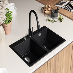 Evier Cuisine en Granit Graphite 78x50cm, Lavabo 2 bacs + Kit de Vidage + Robinet, Évier à Encastrerau meuble 80cm - Oslo Twin de Primagran 1