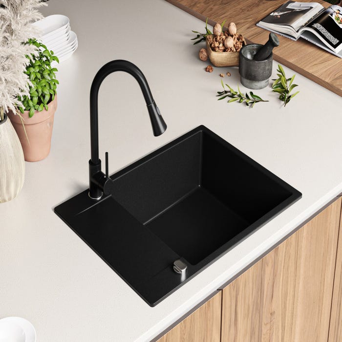 Evier Cuisine en Granit Noir, 70 x 50 cm, Lavabo 1 bac + Kit de Vidage, Évier à Encastrer de Primagran 1