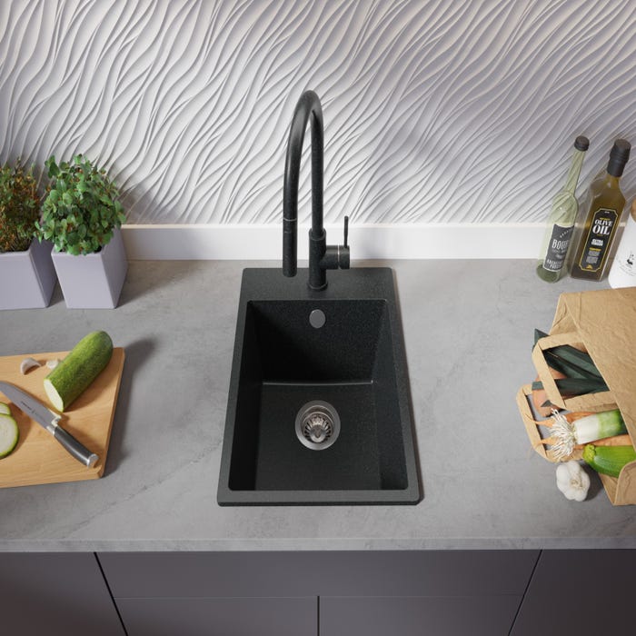 Evier Cuisine en Granit Graphite, 38 x 50 cm, Lavabo 1 bac + Kit de Vidage, Évier à Encastrer Riga 40 XL de Primagran 2