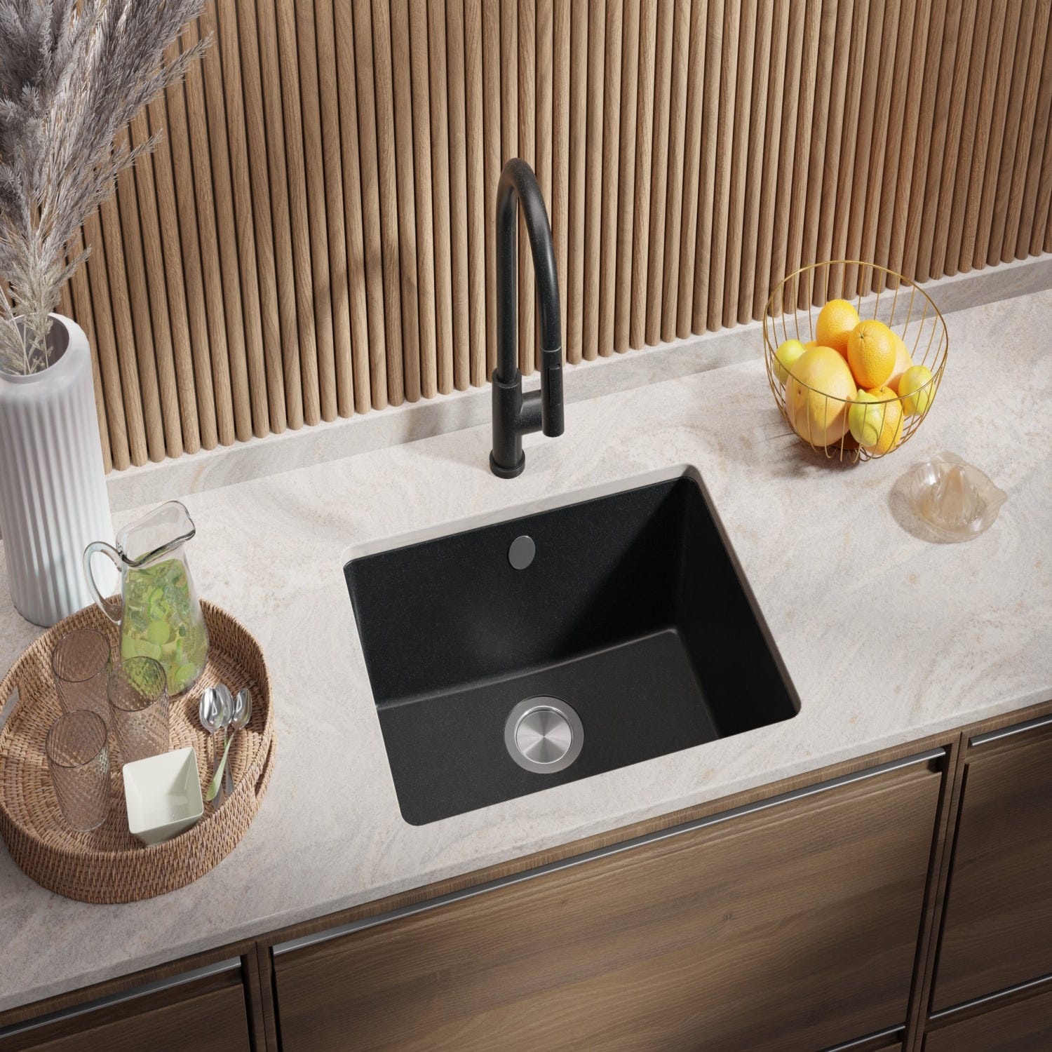 Evier Sous Plan Graphite, 44 x 56 cm, Evier en Granit 1 bac + Kit de Vidage, Lavabo Cuisine de Primagran 1