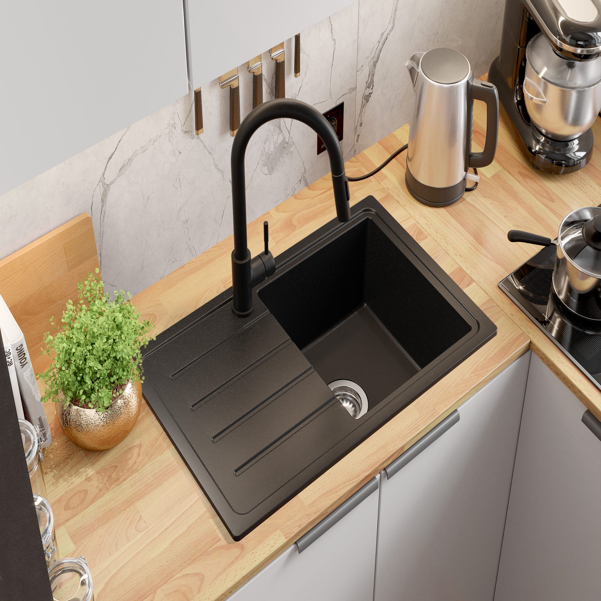 Evier Cuisine en Granit Noir, 70 x 44 cm, Lavabo 1 bac + Robinet 9700 + Kit de Vidage, Évier à Encastrer de Primagran 1