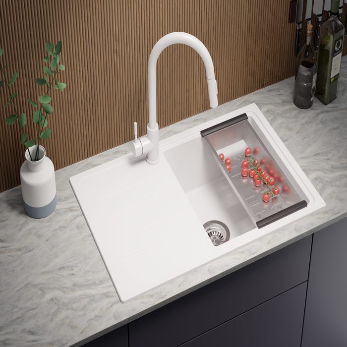 Evier Cuisine en Granit Blanc, 78 x 50 cm, Lavabo 1 bac + Kit de Vidage, Évier à Encastrer de Primagran 0