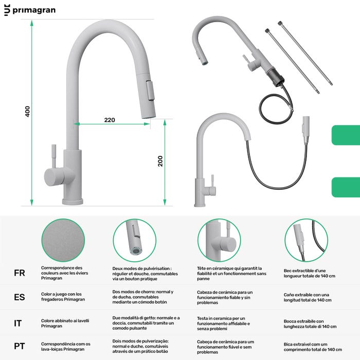 Evier Cuisine en Granit Gris 56x53cm, Lavabo 1 bac + Kit de Vidage + Robinet + planche à découper, Évier à Encastrer au meuble 60cm de Primagran 7