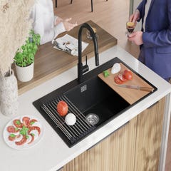 Évier Cusine en Granit Graphite 88x50 cm, Lavabo Cuisine 1 Bac + Kit de Vidage, Évier au meuble 90cm, Évier à Encastrer de Primagran 3