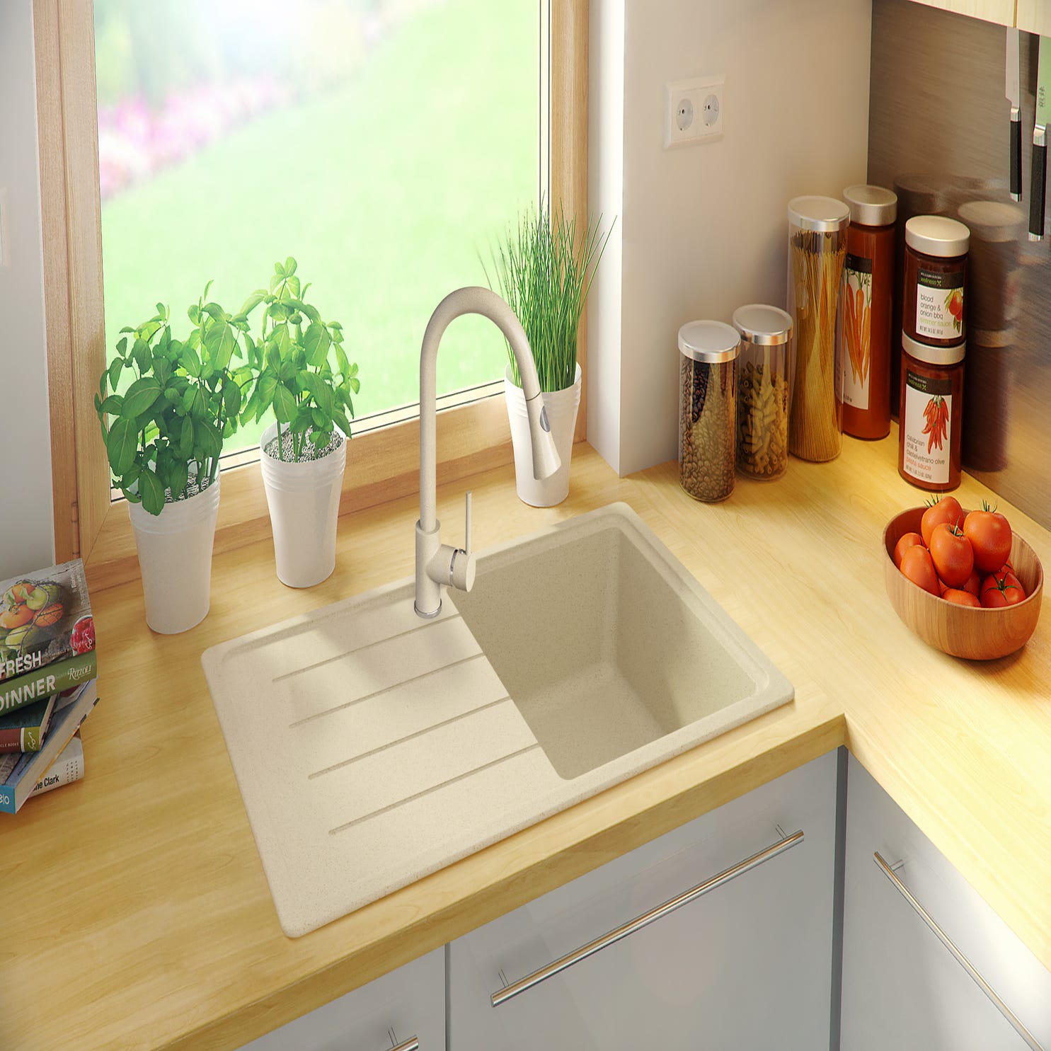 Evier Cuisine en Granit Beige, 78 x 50 cm, Lavabo 1 bac + Kit de Vidage, Évier à Encastrer Copenhague 780 de Primagran 8