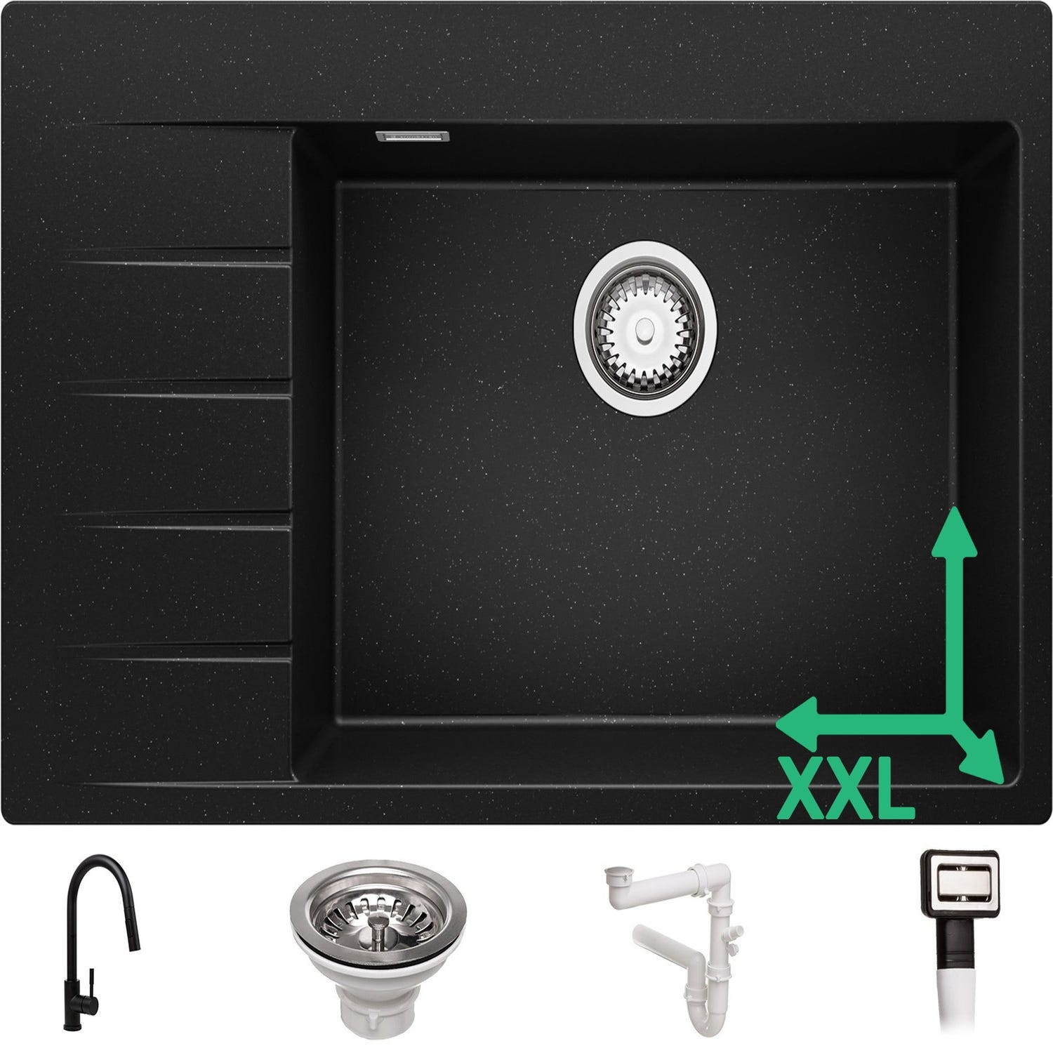 Evier Cuisine en Granit Noir Metallic, 78 x 50 cm, Lavabo 1 bac + Robinet 9700 + Kit de Vidage, Évier à Encastrer de Primagran 0