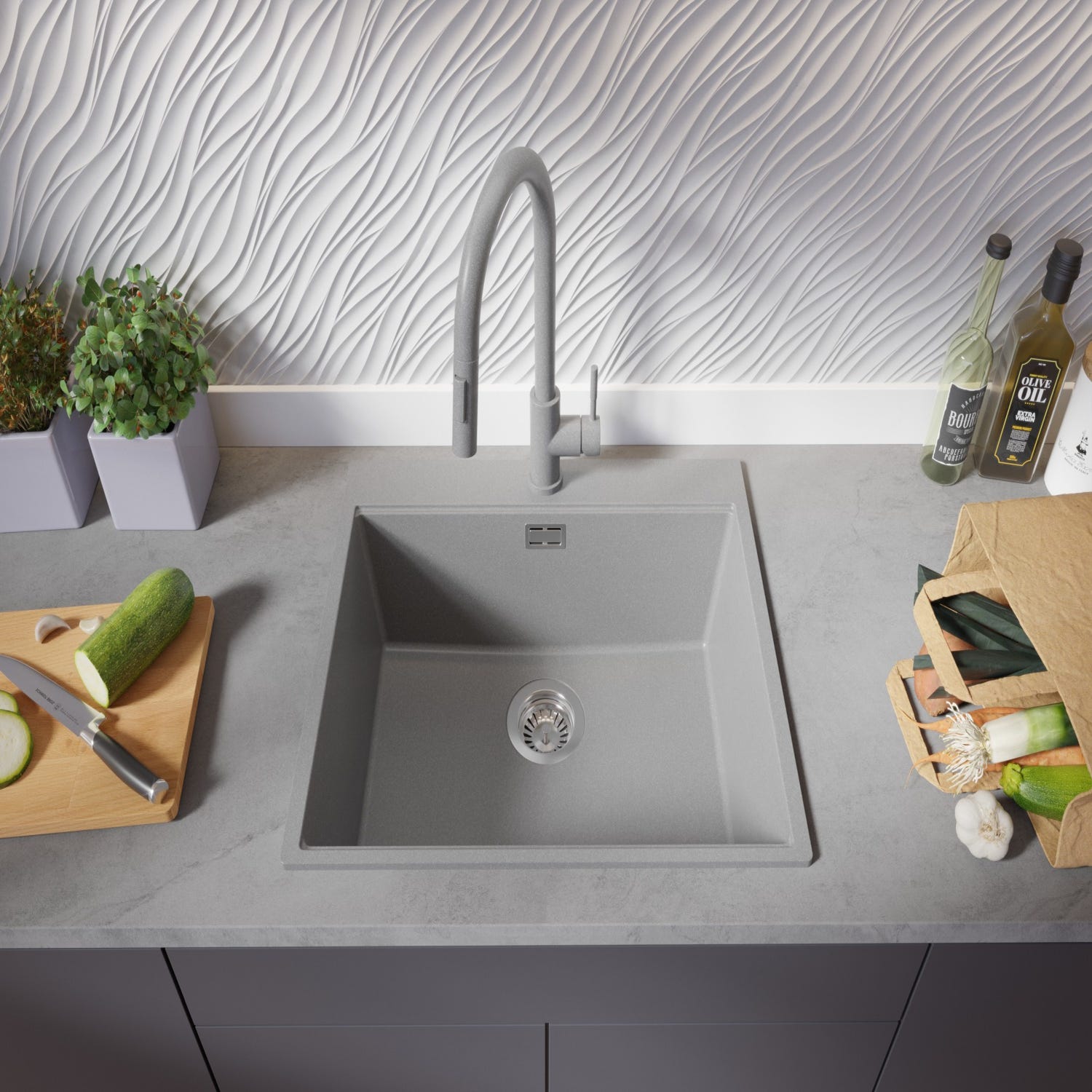 Evier Cuisine en Granit Gris, 58 x 50 cm, Lavabo 1 bac + Kit de Vidage, Évier à Encastrer Oslo 60 Top de Primagran 2