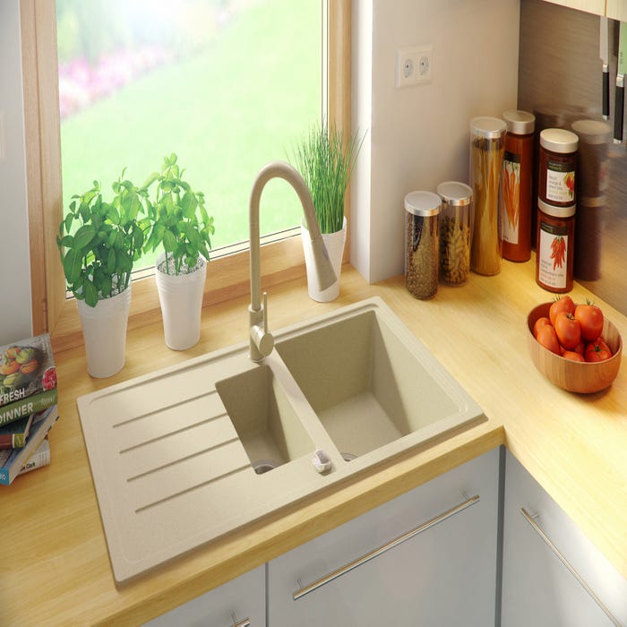 Evier Cuisine en Granit Beige, 90 x 50 cm, Lavabo 1,5 bac + Kit de Vidage, Évier à Encastrer de Primagran 7