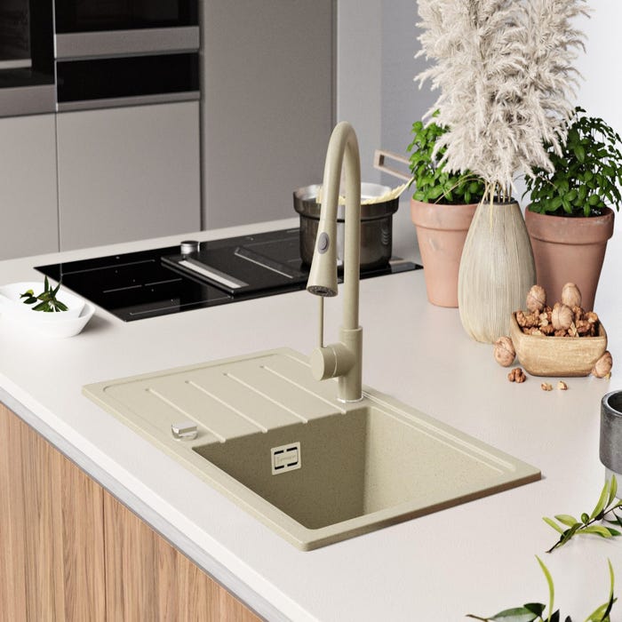 Evier Cuisine en Granit Beige, 70 x 44 cm, Lavabo 1 bac + Kit de Vidage, Évier à Encastrer de Primagran 7