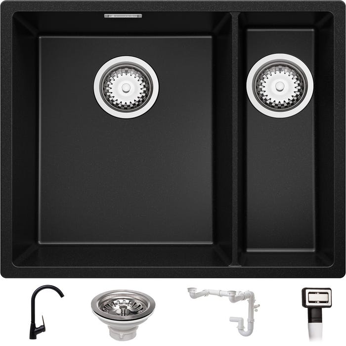 Evier Cuisine en Granit Noir, 55,5 x 45 cm, Lavabo 1,5 bac + Robinet 5700 + Kit de Vidage, Évier à Encastrer de Primagran 0