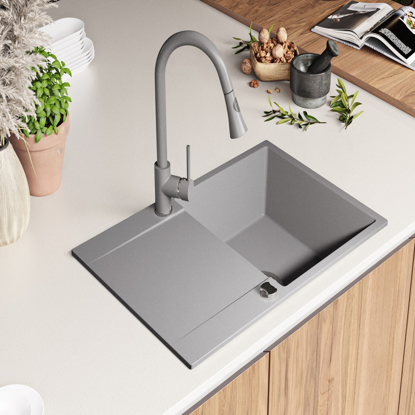 Evier Cuisine en Granit Gris, 78 x 50 cm, Lavabo 1 bac + Kit de Vidage, Évier à Encastrer San Francisco 780 de Primagran 1