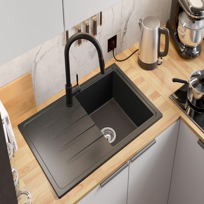 Evier Cuisine en Granit Graphite, 78 x 50 cm, Lavabo 1 bac + Robinet 5000 + Kit de Vidage, Évier à Encastrer Milan 780 de Primagran 1