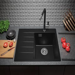 Evier Cuisine en Granit Noir, 62 x 50 cm, Lavabo 1 bac + Robinet 9700 + Kit de Vidage, Évier à Encastrer de Primagran 3