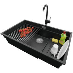 Évier Cusine en Granit Graphite 76x47 cm, Lavabo Cuisine 1 Bac + Kit de Vidage + Robinet, Évier au meuble 80cm, Évier à Encastrer de Primagran 0