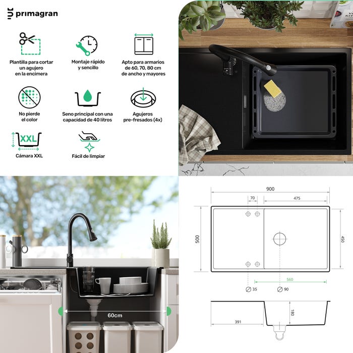 Evier Cuisine en Granit Graphite, 90 x 50 cm, Lavabo 1 bac XL + Robinet 5000 + Kit de Vidage, Évier à Encastrer de Primagran 7